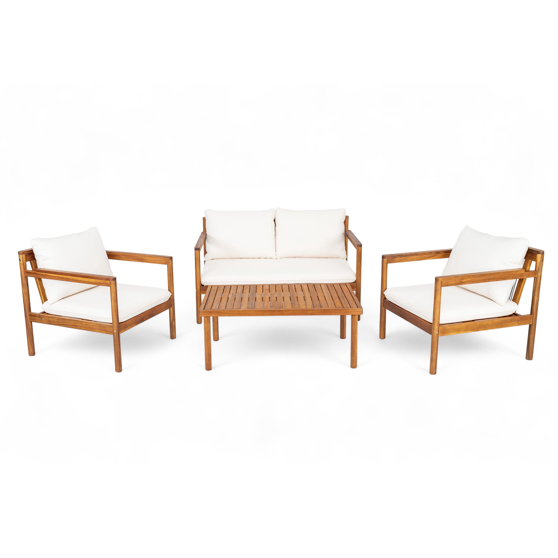 Christopher Knight Home 4-Piece Outdoor Conversation Set with Rope Back Design, Cushions, Acacia Wood Frame, Cream+Teak