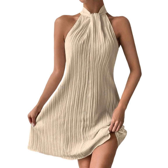 Gamivast Wedding Guest Dresses for Women Elegant Halter Neck Sleeveless Pleated Texture Cocktail Dress Flowy Shift Swing Dress Party Vacation