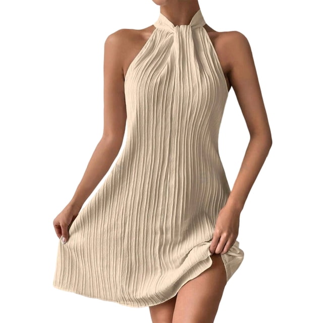 TaTaai Womens Casual Halter Neck Dress Sleeveless Solid Color Loose Fit Flowy Midi Length Soft Comfortable Elegant for Summer Daily Vacation Beach Gift