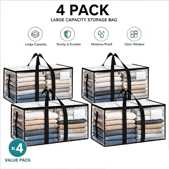 4pc Clear Extra Large Moving Bags,Heavy-Duty Waterproof Storage Tote Bag with Reinforced Handles & Zippers,Transparent Organizer for Clothes,Bedding,Dorm,Moving (Clear- 88L)