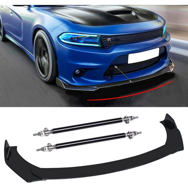 Black Front Bumper Lip Splitter Spoiler + Strut Rods Compatible With