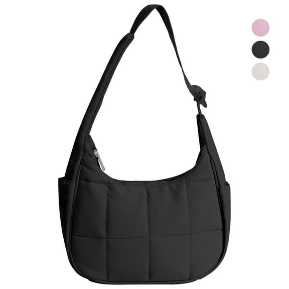Spencer Small Puffer Crescent Underarm Shoulder Bag for Women, Nylon Quilted Purses Hobo Handbag with Adjustable Strap Crescent Clutch, Black