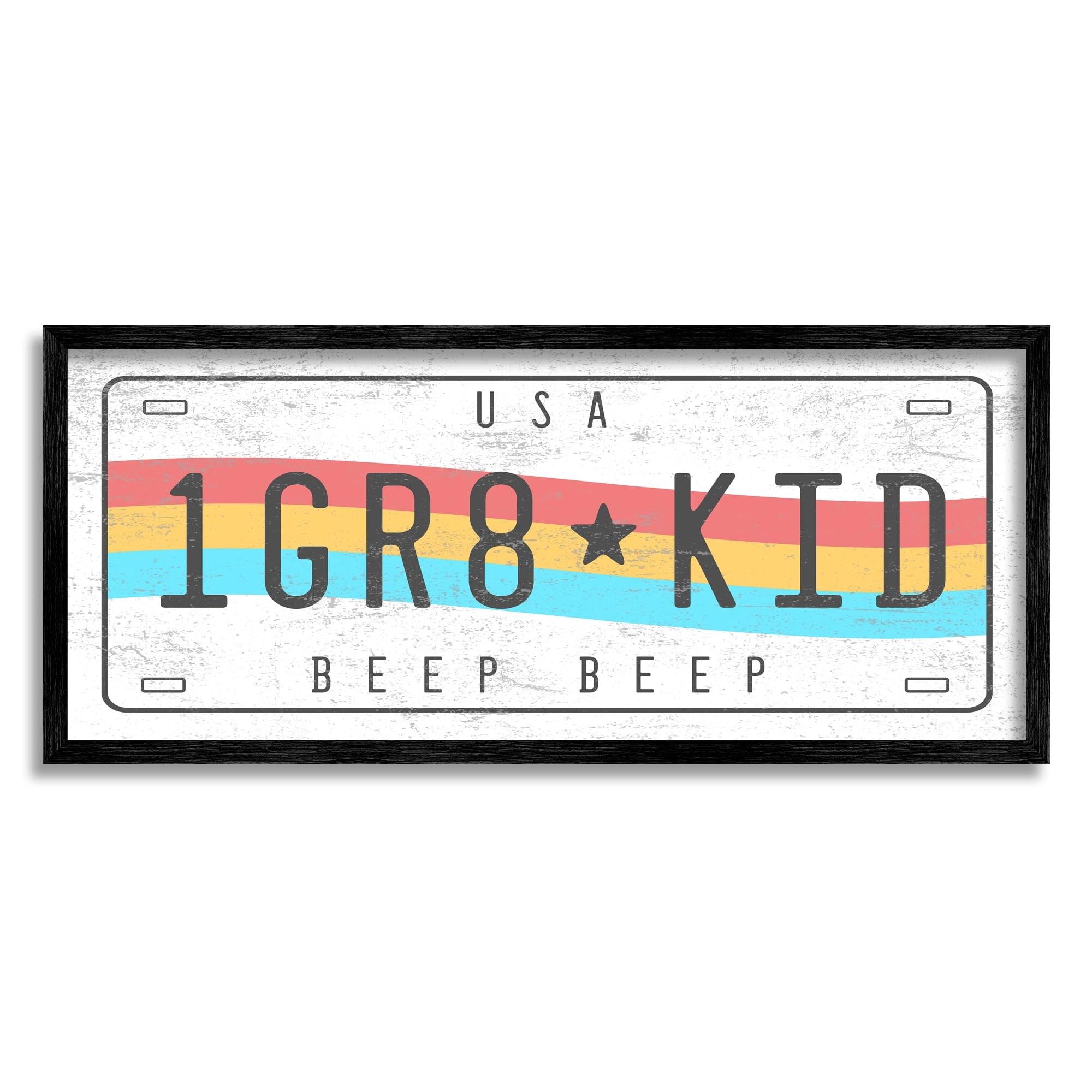 Stupell Industries 1 GR8 KID Rainbow Car License Plate Transportation Painting Gray Framed Art Print Wall Art, 10 x 24