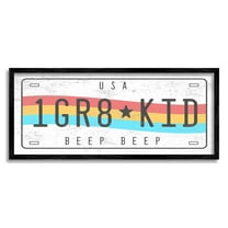 Stupell Industries 1 GR8 KID Rainbow Car License Plate Transportation Painting Black Framed Art Print Wall Art, 13 x 30