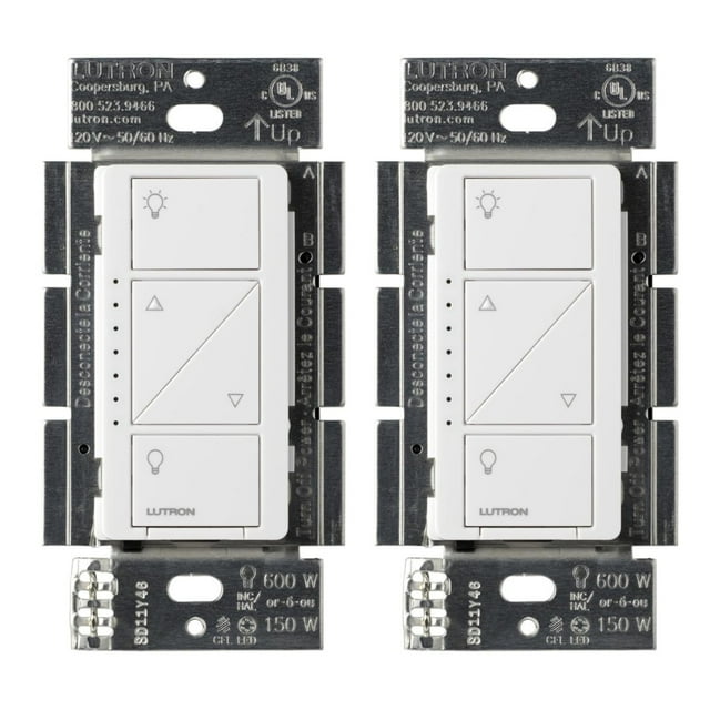 Interruptor de intensidad Lutron Caseta Smart Lighting, 150 W, blanco, paquete de 2