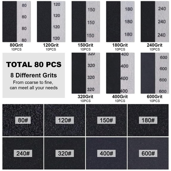 80Pcs Micro Sander Kit 3.5 x 1" Mini Detail Hand Sanding Tool Wet Dry Sandpaper 80 to 600 Grit Sandpaper for Small Projects Tight Narrow Spaces Metal Finishing Wood DIY Crafts