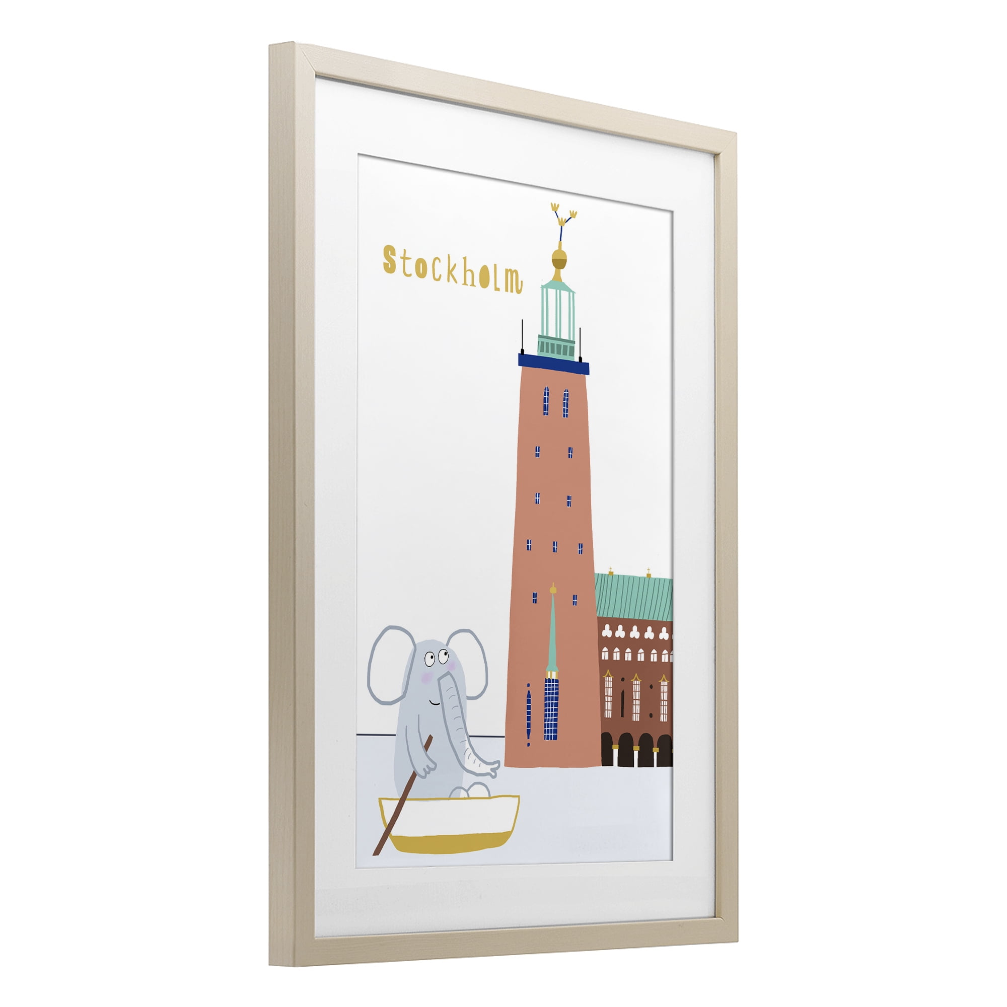 Elephant in Stockholm Boat Birch Framed Print Under Glass, design by Carla Daly