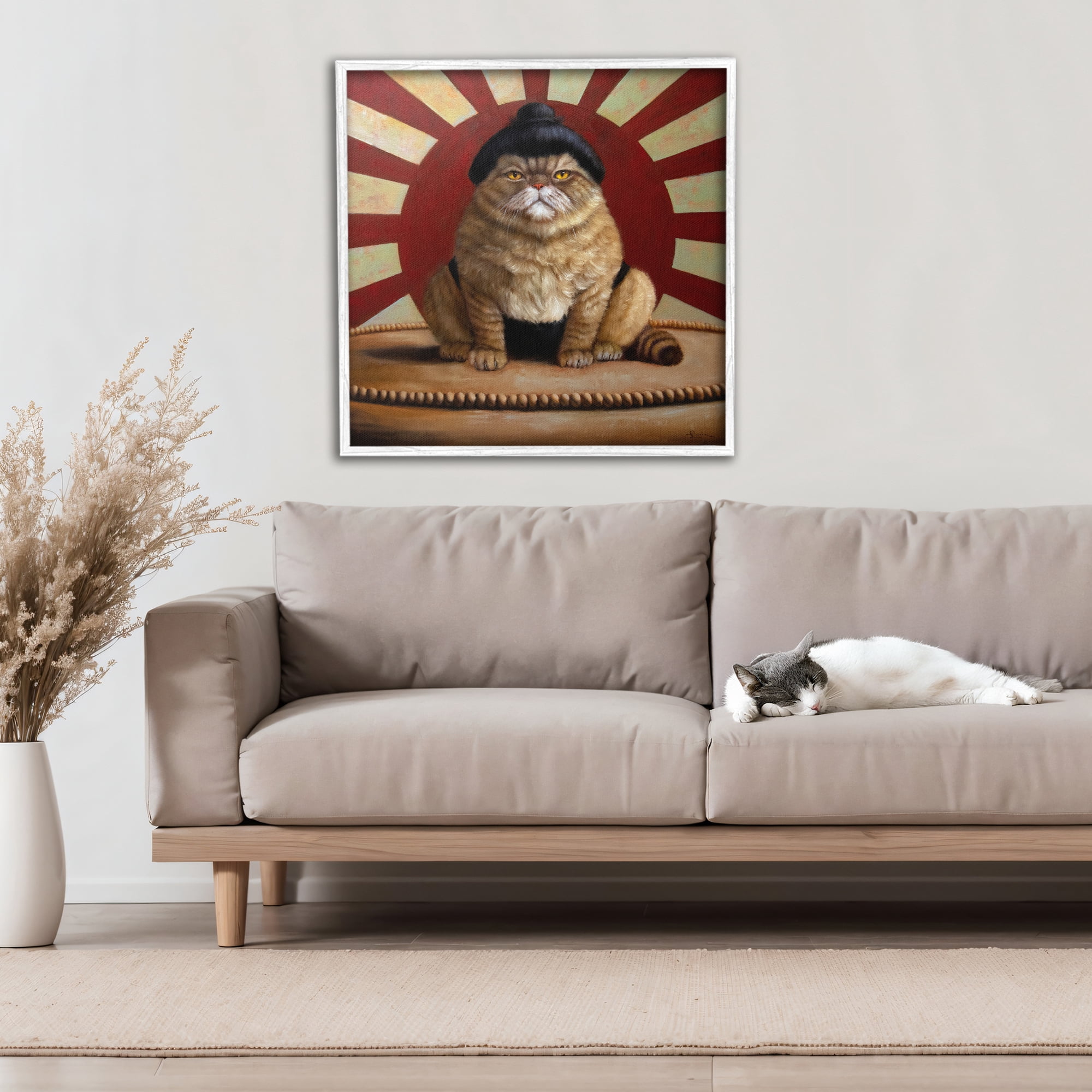 Stupell Industries Sumo Cat with Sun Rays White Framed Giclee Art, design by Lucia Heffernan