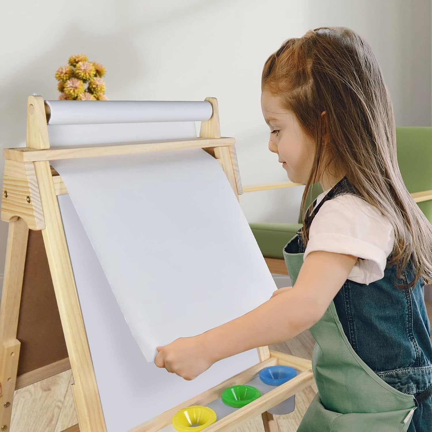 Joyooss Art Easel for Kids with Double-Sided Magnetic, Wooden Standing Kids Easel with Dry Erase Whiteboard & Chalkboard,Height Adjustable Children Easel with Paper Roll