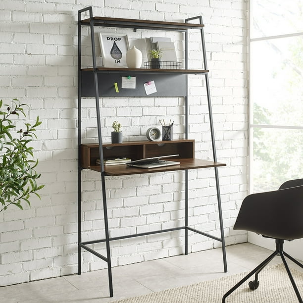 Woven Paths Modern Metal and Wood Ladder Computer Desk, Dark Walnut