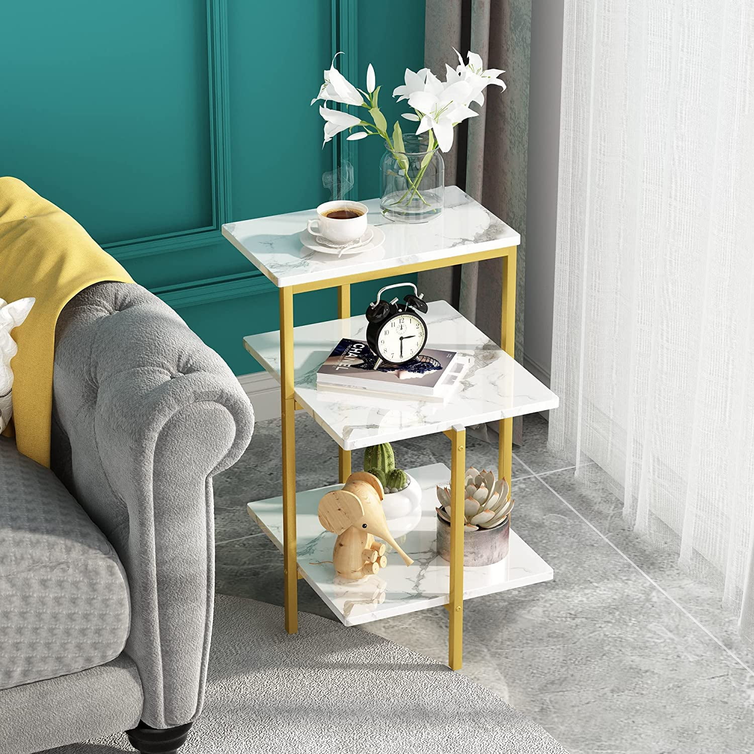 AWQM Modern 2 Tiers 3 Pieces Accent Coffee Table Set, Gold/White