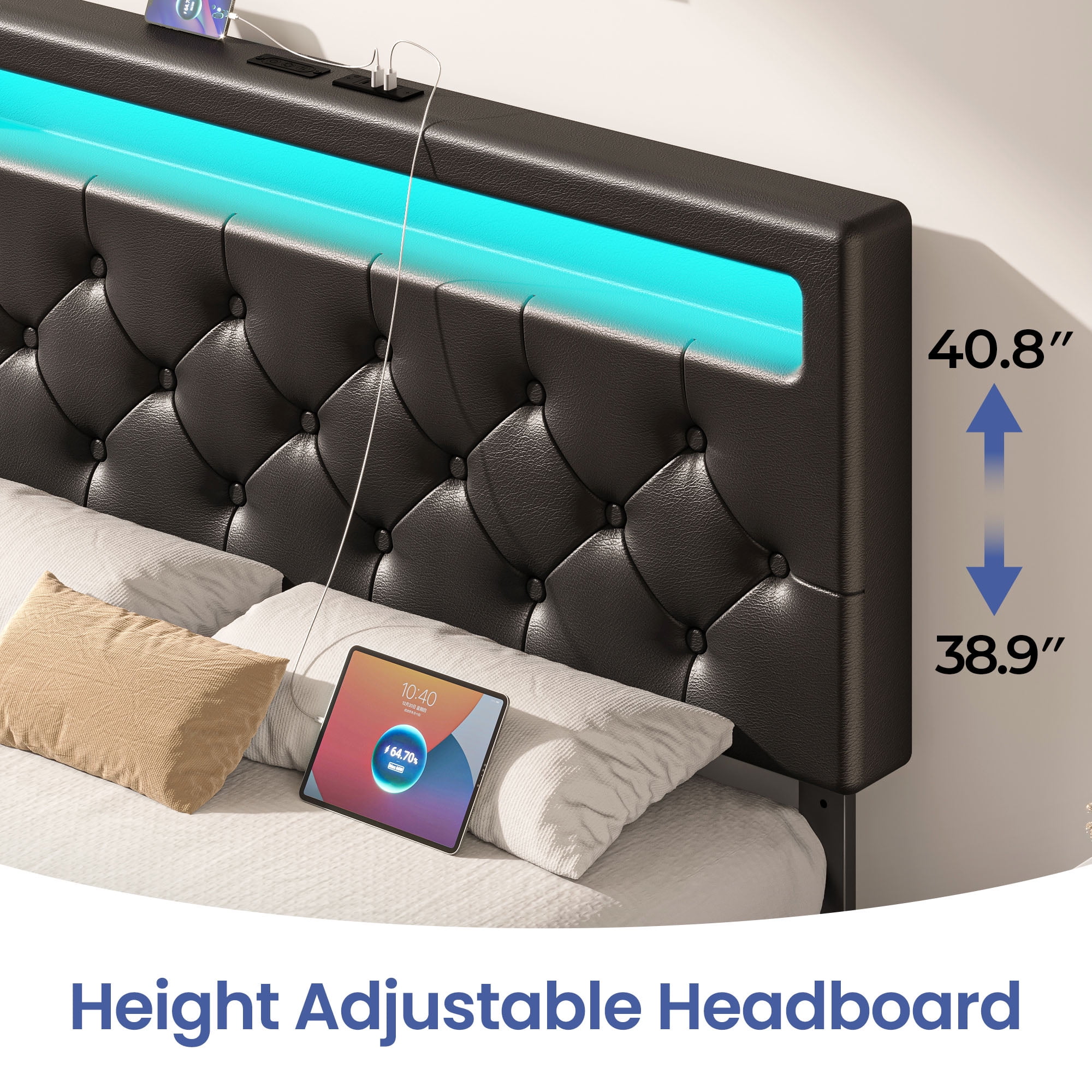 Greenstell Twin Bed Frame with 4 Drawers, Upholstered Platform Bed with LED Adjustable Storage headboard & Charging Station, Black
