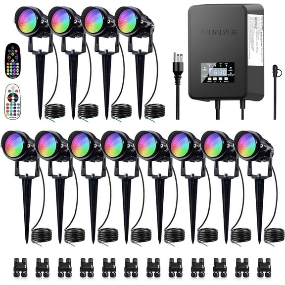 SUNVIE 12 pack RGBW Color Changing Low Voltage Landscape Lighting Kit LED Outdoor Spotlight with 300W Transformer