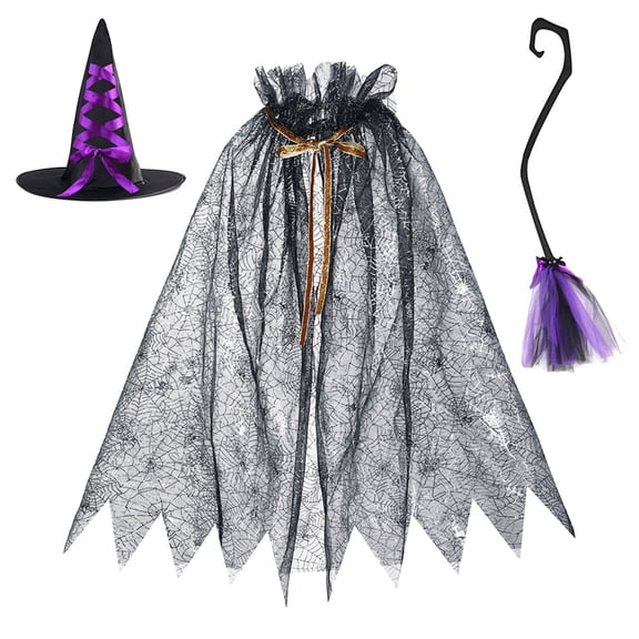 Harpily 3 In 1 Halloween Cosplay Sets with Hollow Mesh Pattern Cloak Plus Hat And Magic Wand For Halloween Party Role Play