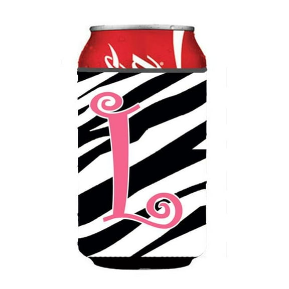 Letter L Initial Monogram - Zebra Stripe And Pink Can Or Bottle  Hugger