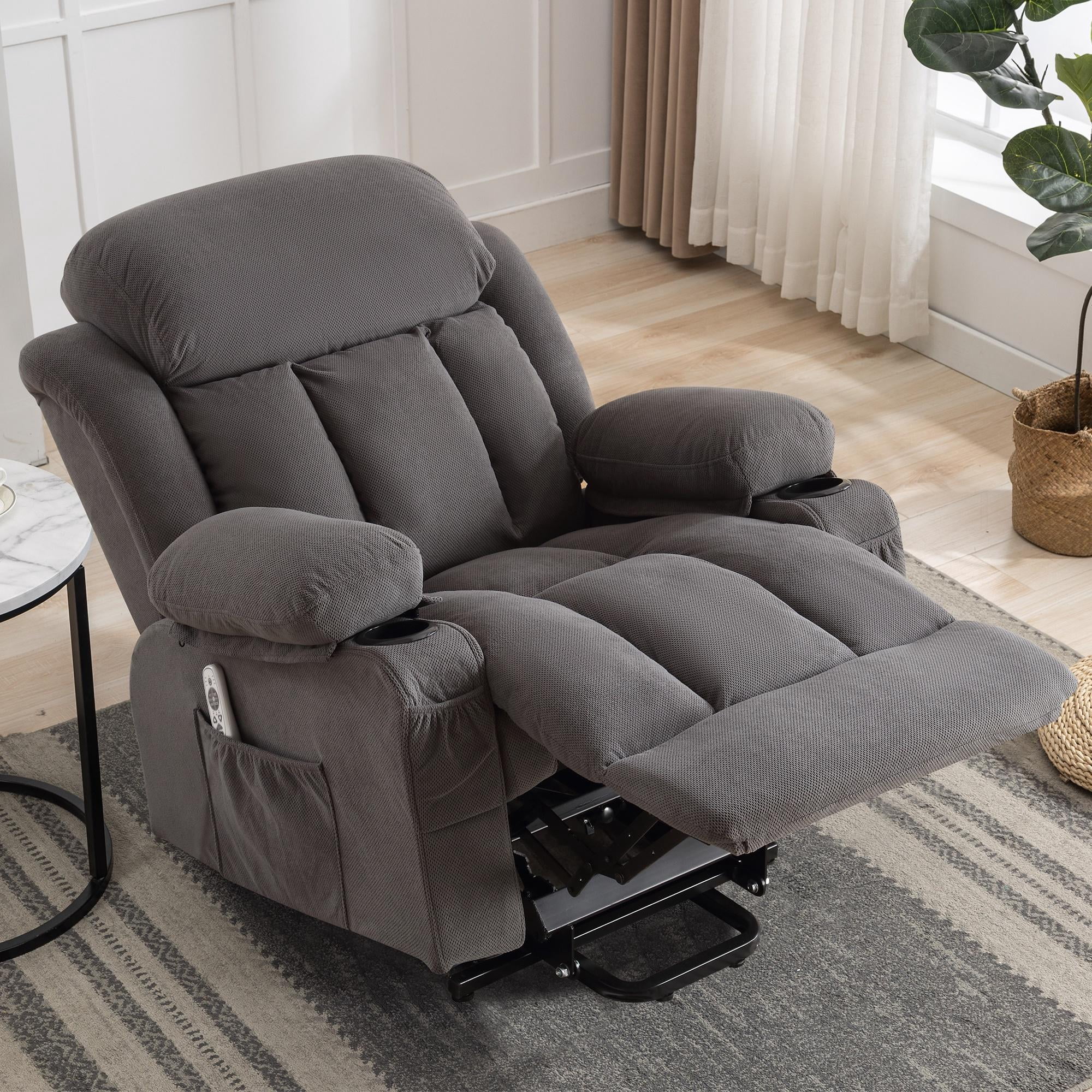 Power Lift Recliner Chairs with Massage and Heat, UHOMEPRO Electric Fabric Recliner Chair for Elderly, Living Room Furniture with USB Charge Port, 2 Cup Holders, and Side Pocket, Gray