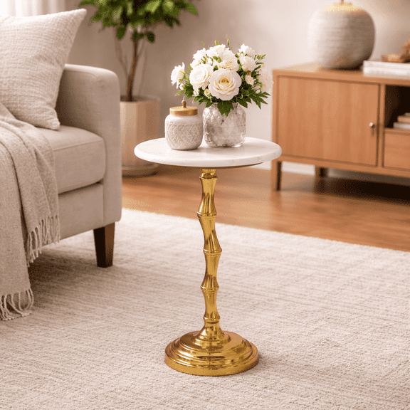 Gold Side Table with White Marble Top | Decorative Modern End Table | Bamboo Shape Aluminum Base | Accent Table for Living Room | 14x14x23.5"
