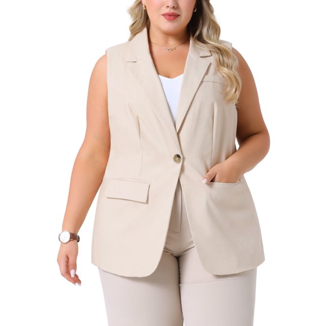 Chaleco sin mangas de lino para mujer GRACE & GRANDEUR, talla grande, con botones, traje de negocios casual con bolsillos, 3X, color albaricoque