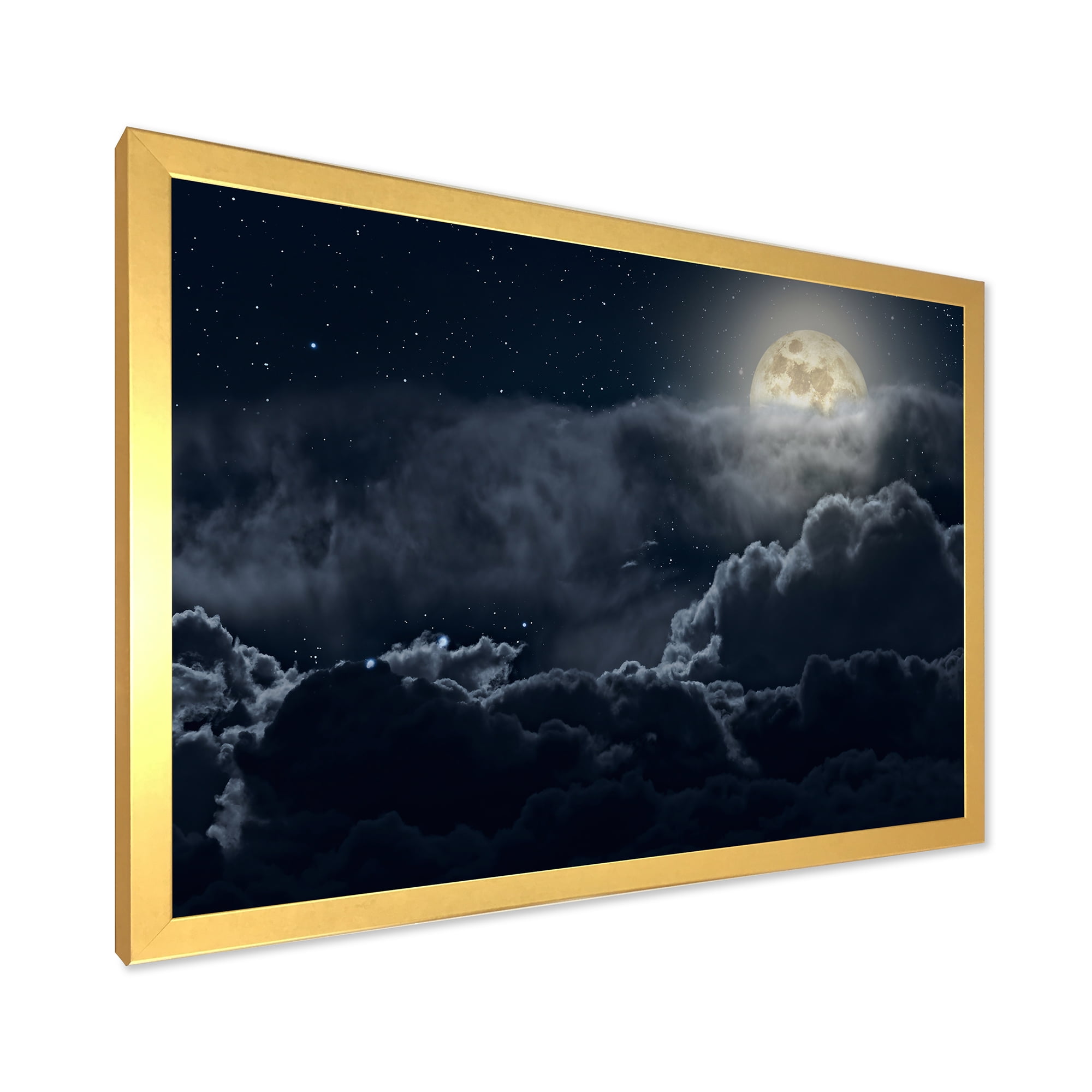 Designart 'Cloudy Full Moon Night With Stars' Nautical & Coastal Framed Art Print