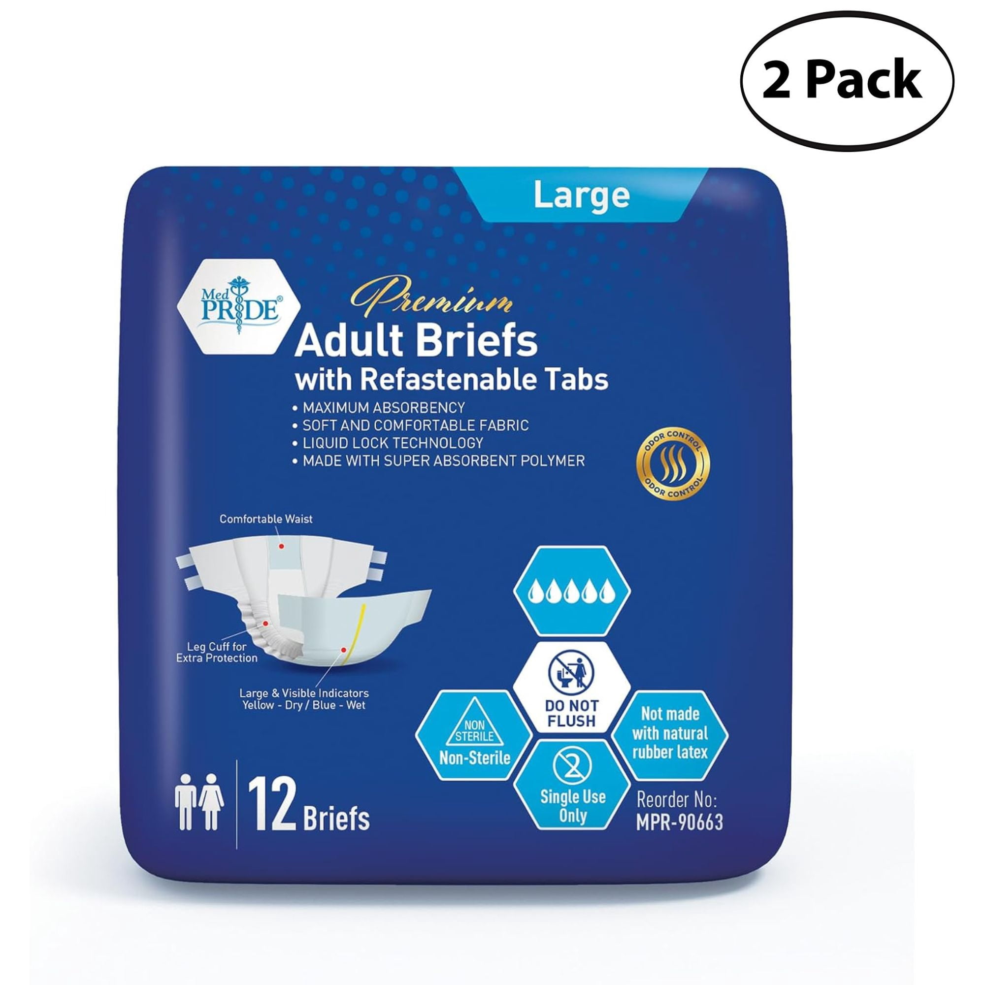 (2 pack) MED PRIDE Adult Diapers – Maximum Absorbency Adult Briefs with Tabs, Large 12 Pack White, Disposable Unisex Underwear for Bowel Incontinence