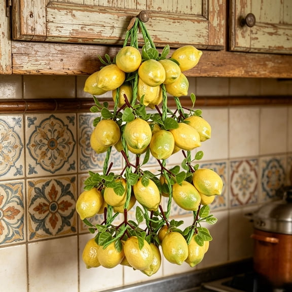 YIGOUMY-60cm Realistic Foam Lemon String with Green Leaves, Lifelike Artificial Fruit Hanging Garland, Rustic Farmhouse Wall Decor Ornament for Kitchen Home Party Festival Display