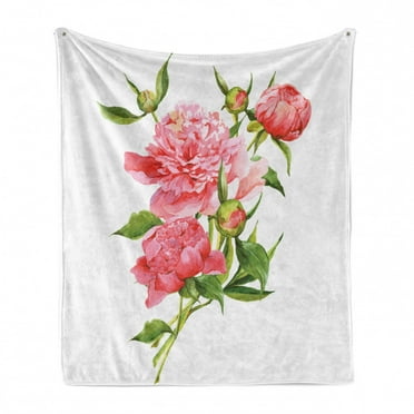 Watercolor Soft Flannel Fleece Blanket, Pink Peonies with Strong Green Leaves Ecology Flourish Nature Inspired Bouquet, Cozy Plush for Indoor and Outdoor Use, 60" x 80", Pink Green, by Ambesonne