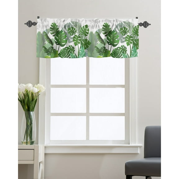 Kitchen Cafe Valance Curtain for Small Windows,Monstera Palm Leaves Tropical Jungle Botanical Plants Rod Pocket Valances Green White Window Treatment Panel for Living Room/Bedroom/Bathroom,54x18in