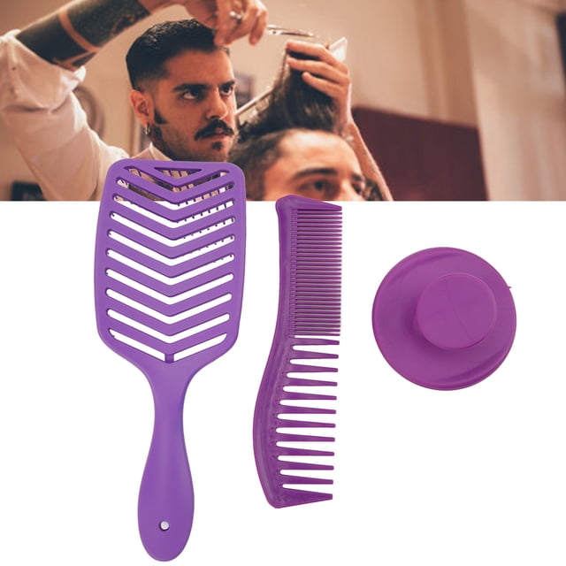 Hair Brush Set, Hair Brush And Comb Double Tooth 3 Pieces Purple Hollow Out For Styling