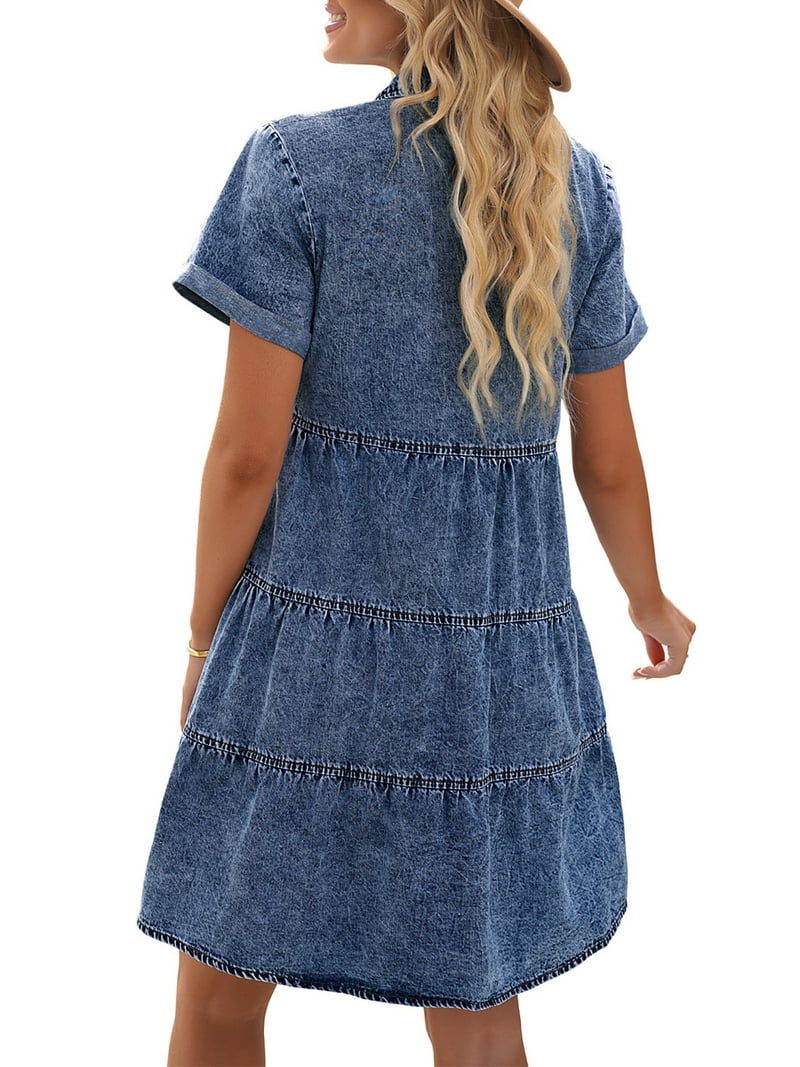 LookbookStore Women's Fall Fashion Short Sleeve Button Down Tiered Babydoll  Denim Dress, Size M, Reef Blue - Walmart.com