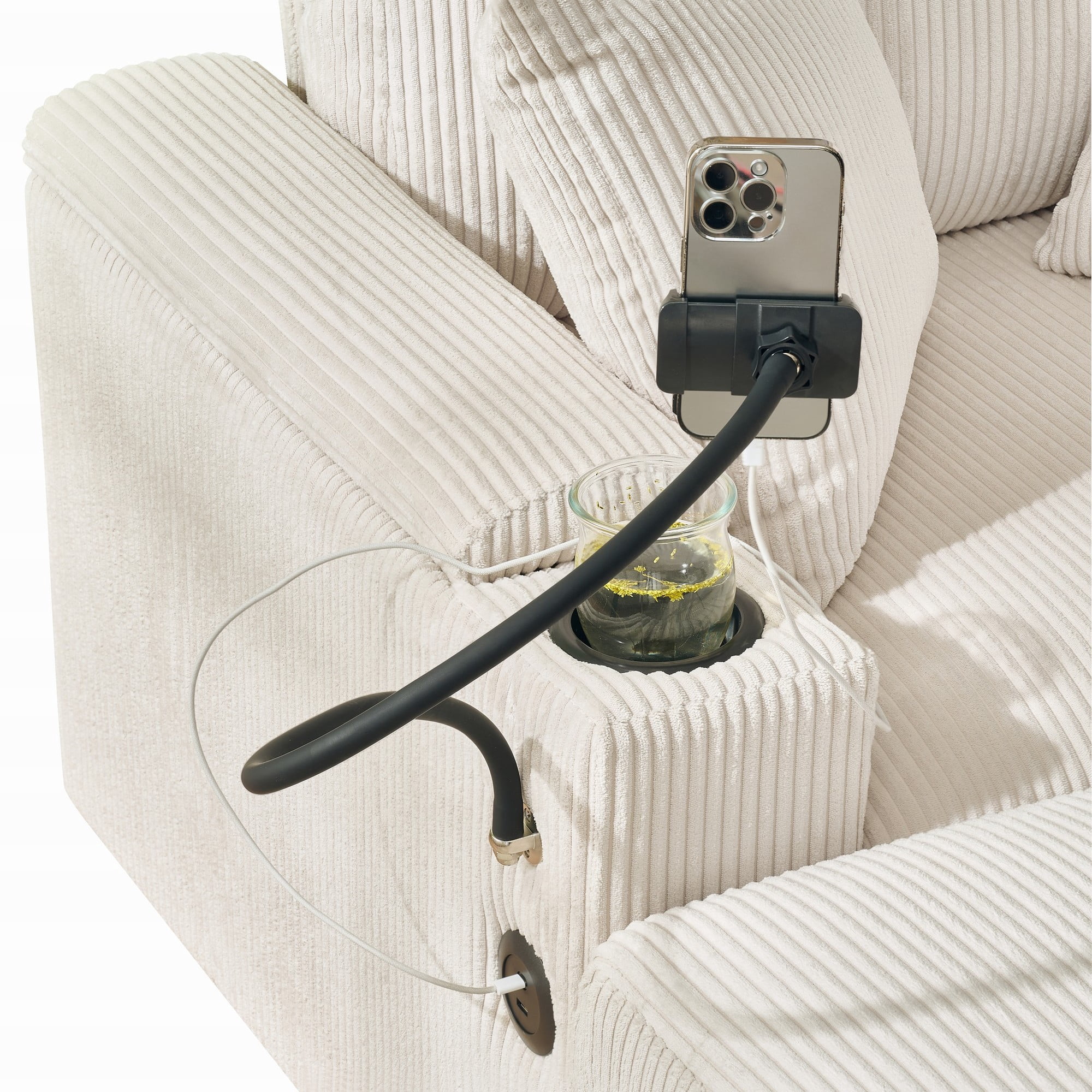 Aukfa 55" Upholstered Deep Seat  Acent Chair with Storage Ottoman & USB, Comfy Corduroy Single Sofa Lounge Chair, Beige
