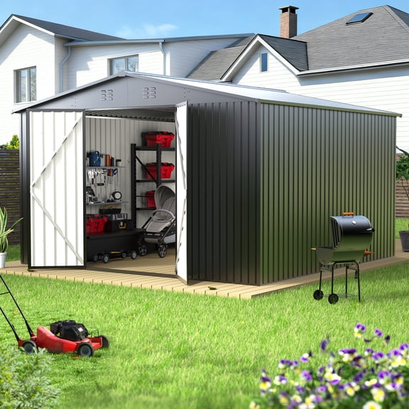 PABIMIA 10FT x 10FT Metal Outdoor Storage Shed with Lockable Doors, Black
