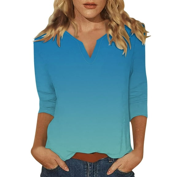 Women Clearance Basic Tee Fall Tops 3/4 Sleeve Tops For Women Summer Notched V Neck Plain T Shirts Casual Cute Three Quarter Length Blouses Comfy Casual Vacation