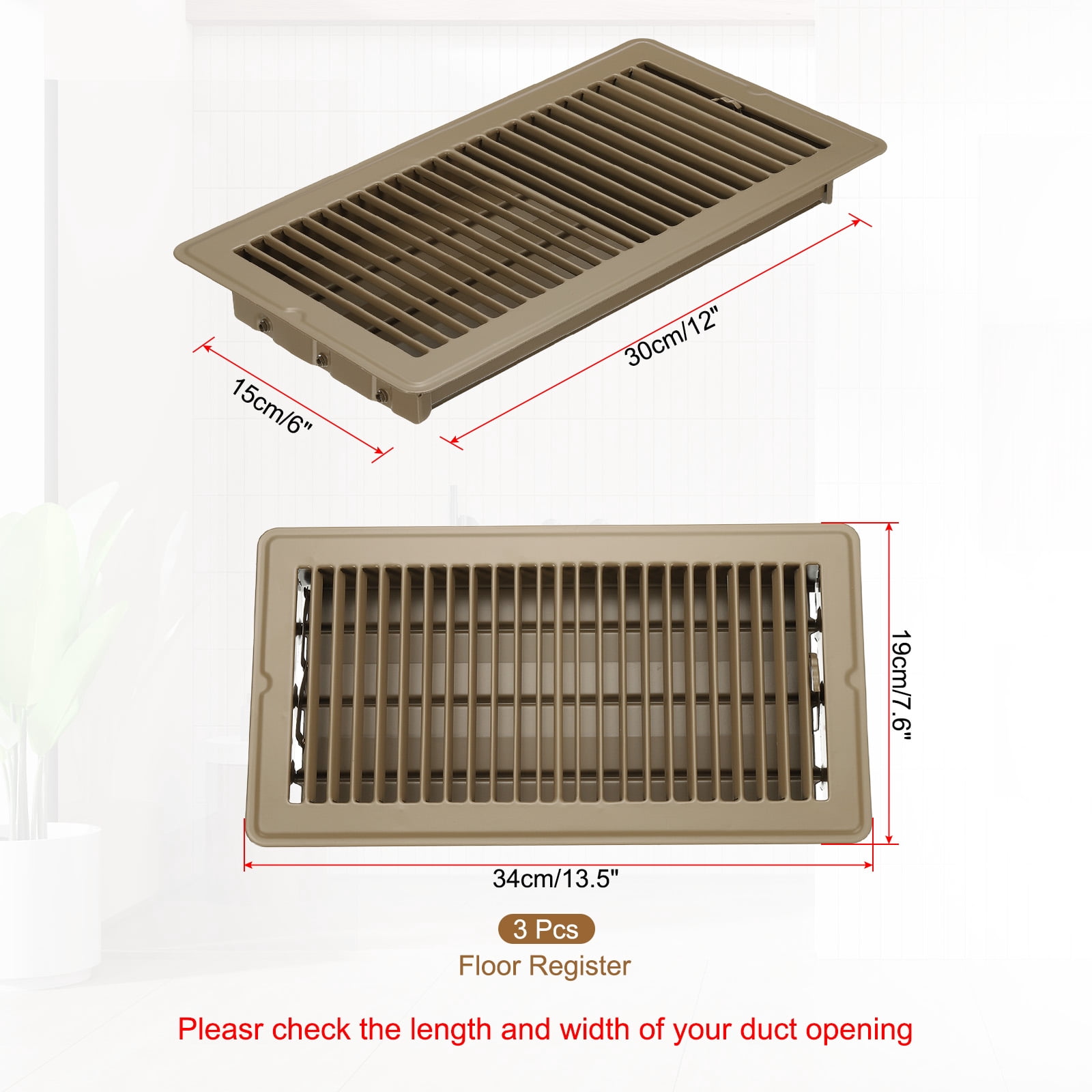 Uxcell 12 x 6 Inch Floor Register, 3pcs Heavy Duty Air Vent Cover Adjustable Floor Grates, Brown