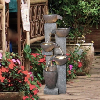 6-Tier Cascading Rock Water Fountain With LED Lights - Outdoor Garden Fountain, Resin Stone Look