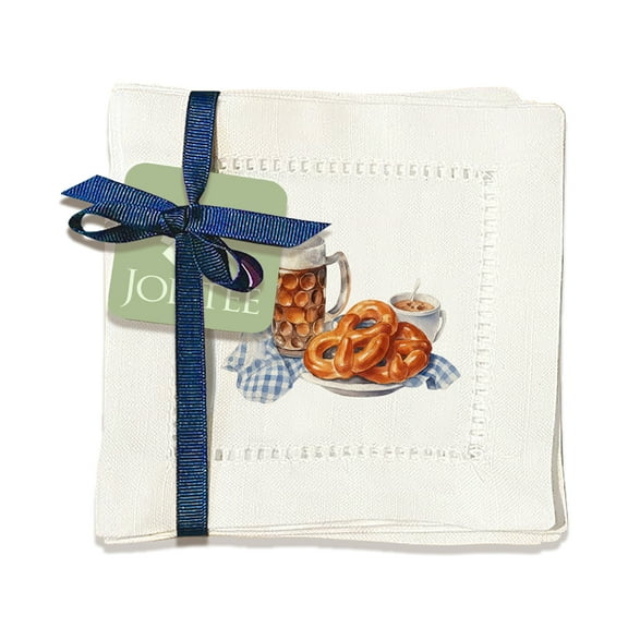 Jolitee Decorative Hemstitch Cocktail Napkins, 6"x6" Washable Linen-Like Cloth Napkins, Handmade for Entertaining and Everyday Use (Beer & Pretzel)