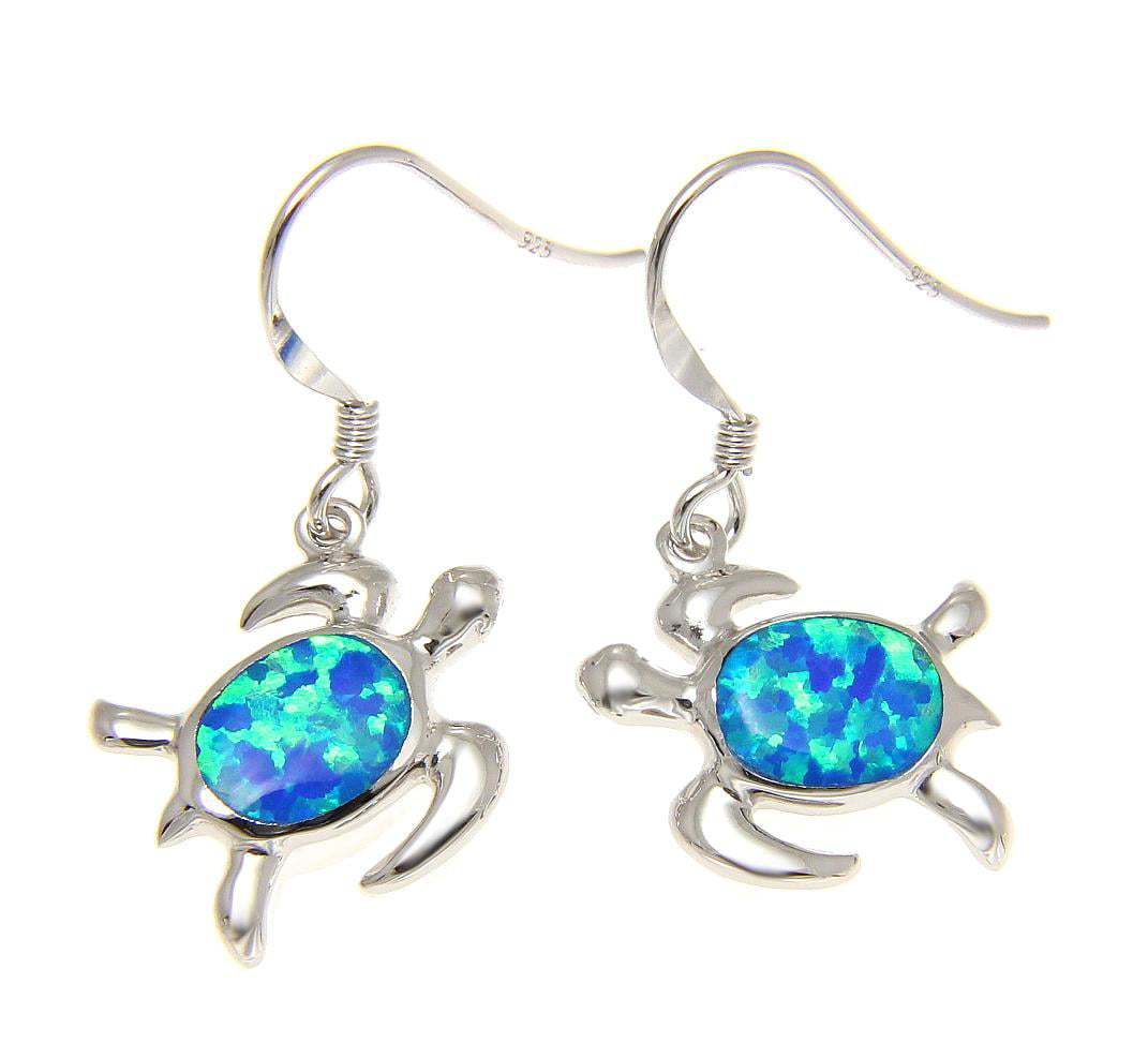 Genuine .925 Sterling Silver Synthetic Blue Opal Turtle Earrings On French Wires