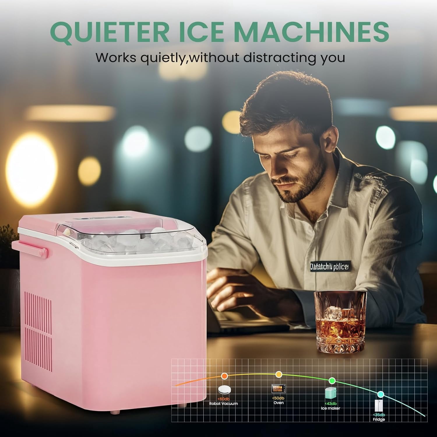 Portable Ice Maker Machine Countertop with Handle, 9 Bullet Ice Cubes in 6 Minutes, 26lbs Daily, Auto-Cleaning, Includes Basket and Scoop, for Home Kitchen RV Camping Light Pink