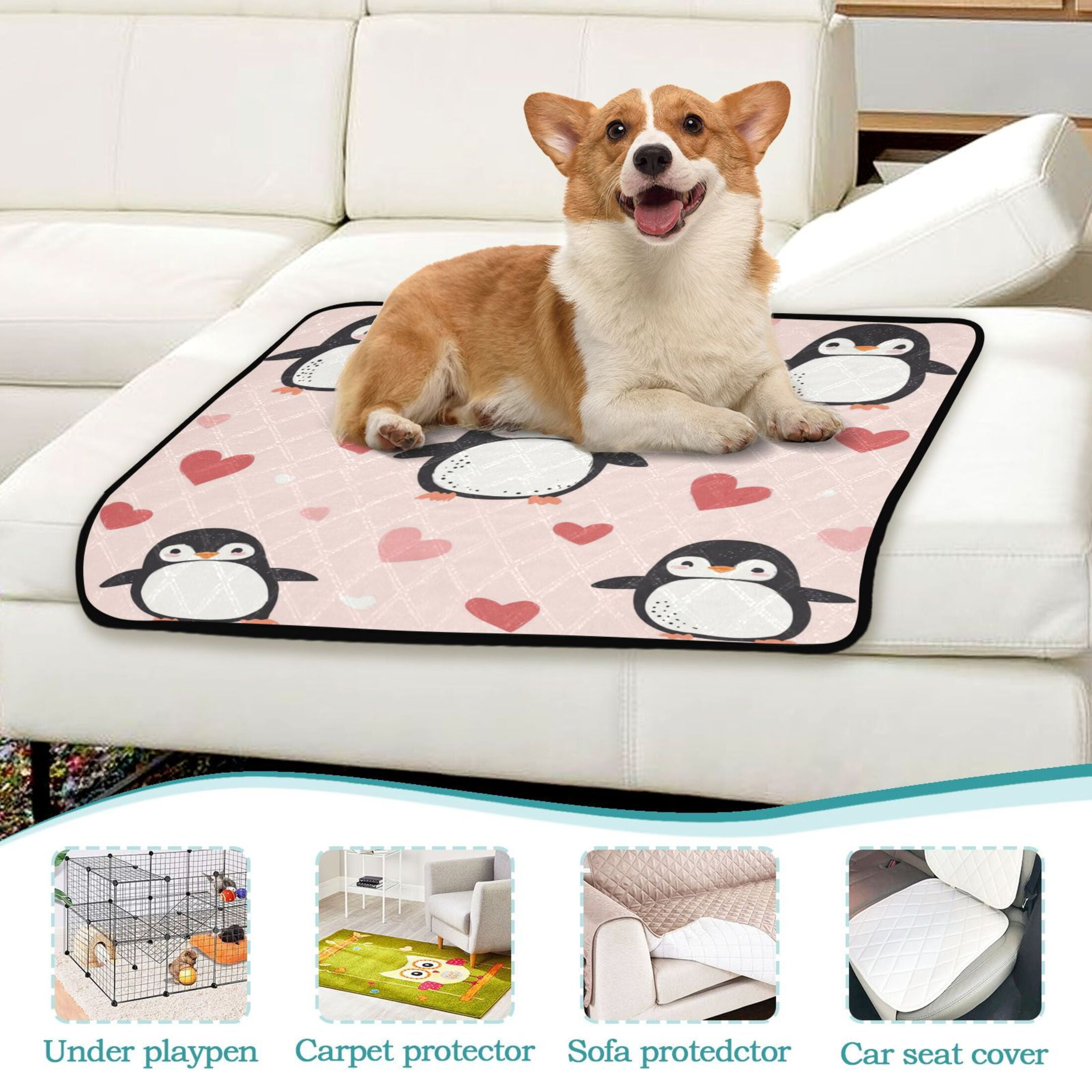 Qxltty Cute Penguins Hearts Pattern Cat litter Pads Pet Set of 3 Diaper Mats Center Anti-leakage Layer Absorbent Soft and Comfortable