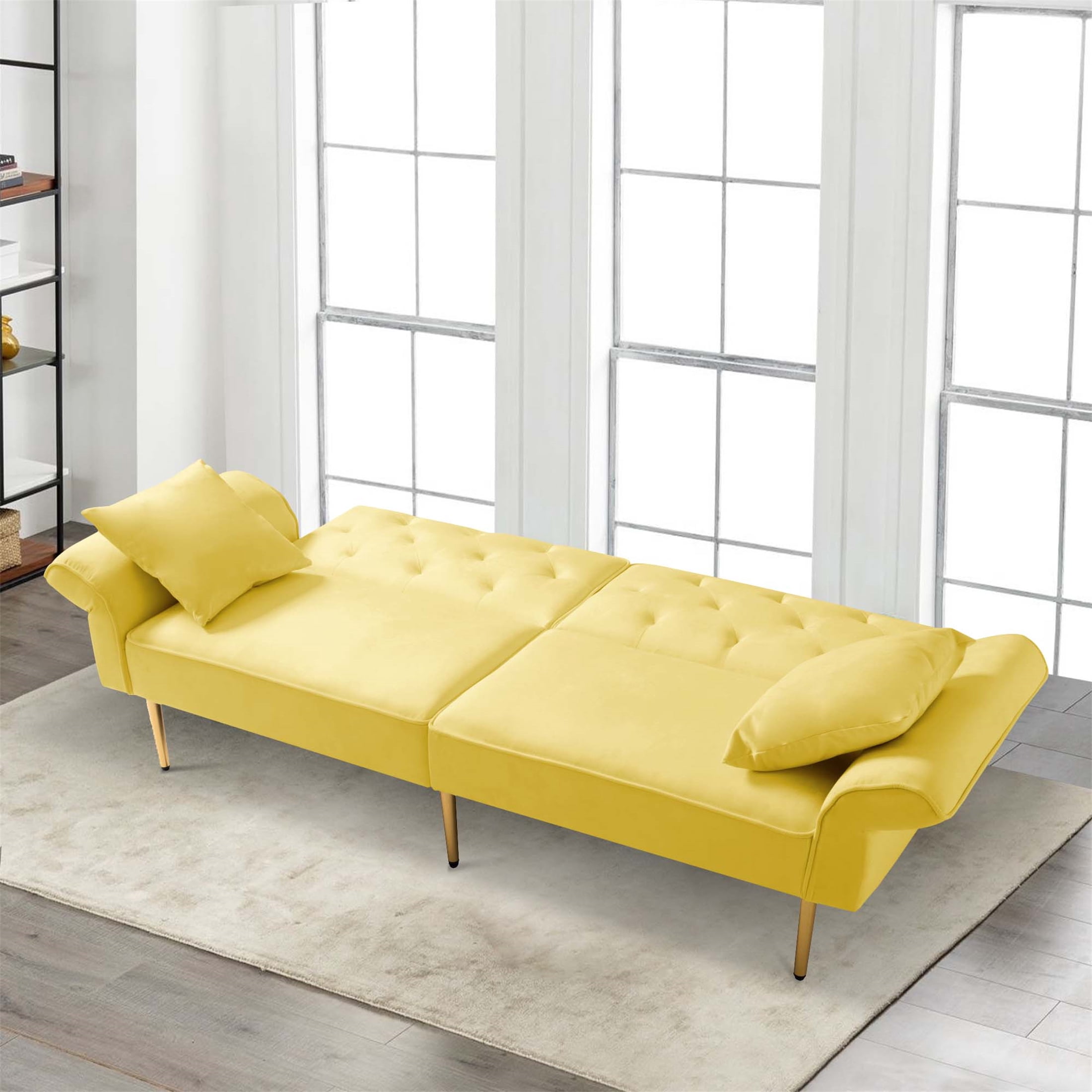 Aukfa 84" Wide Velvet Futon Convertible Sofa for Living Room, Folding Arm, 2 Pillows, Yellow