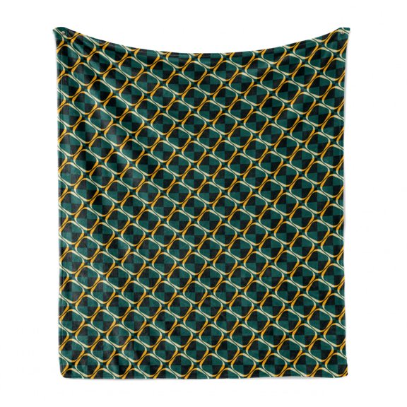 Geometric Soft Flannel Fleece Throw Blanket, Checkered Pattern in Dark Green Tones and Abstract Rings Lattice Grid Design, Cozy Plush for Indoor and Outdoor Use, 50" x 70", Multicolor, by Ambesonne