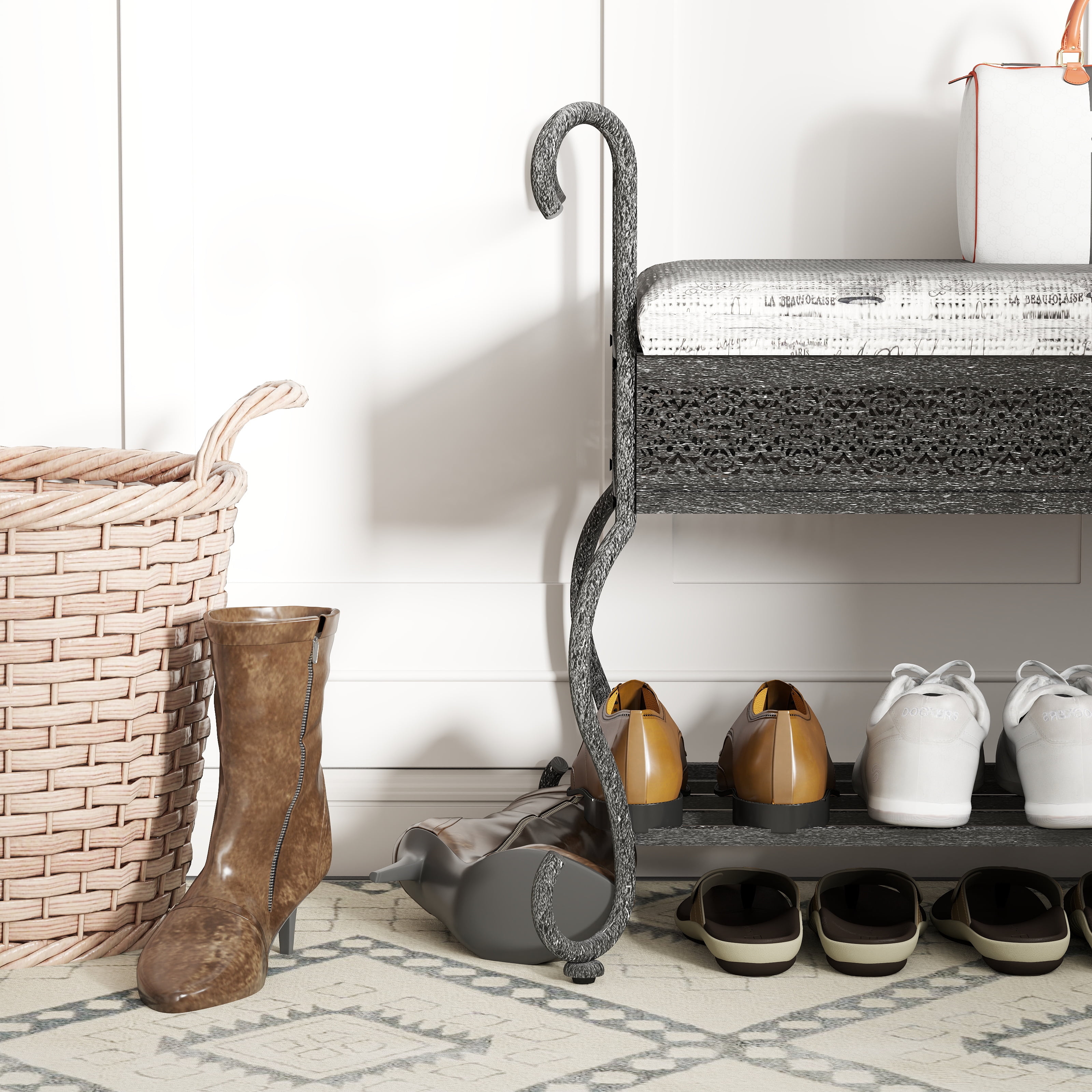 Mintazer 46" Rustic Shoe Bench with Cushioned Seat & Storage, Shoe Rack for Hallway & Entryway