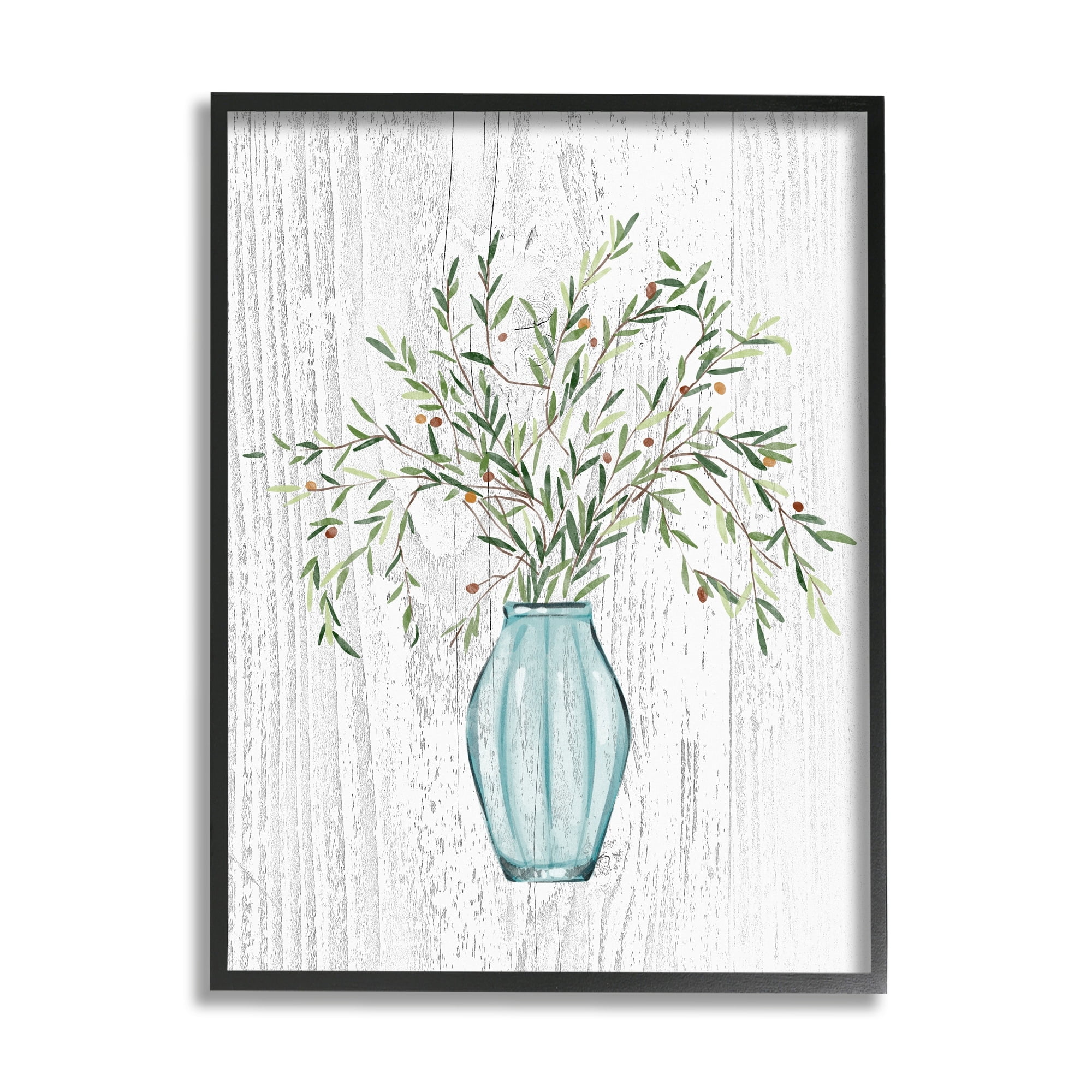 Stupell Industries Rustic Herbs Plants Budding Blue Glass Vase Graphic Art Black Framed Art Print Wall Art, Design by Ziwei Li
