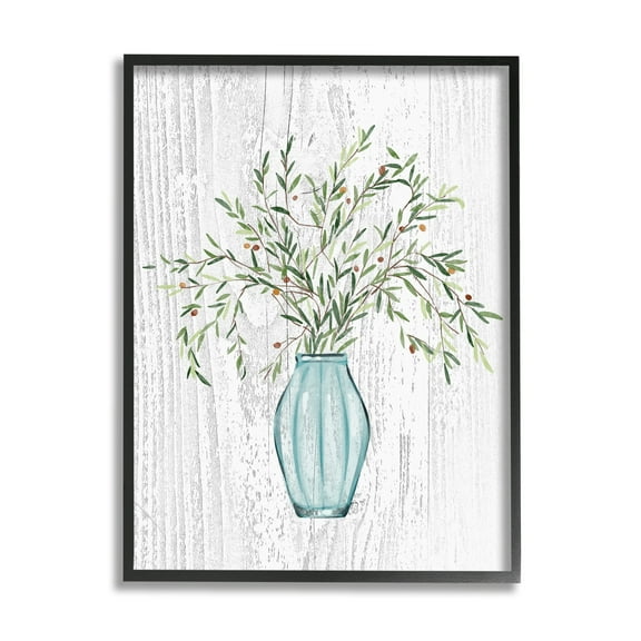 Stupell Industries Rustic Herbs Plants Budding Blue Glass Vase Graphic Art Black Framed Art Print Wall Art, Design by Ziwei Li