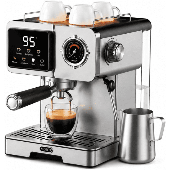 MOEFO 58mm Espresso Machine with Milk Frother, 20 Bar Semi-Automatic Coffee Maker, Visual Pressure Gauge & Touchscreen LCD Display, Professional Home Espresso Machine for Latte & Cappuccino, Silver