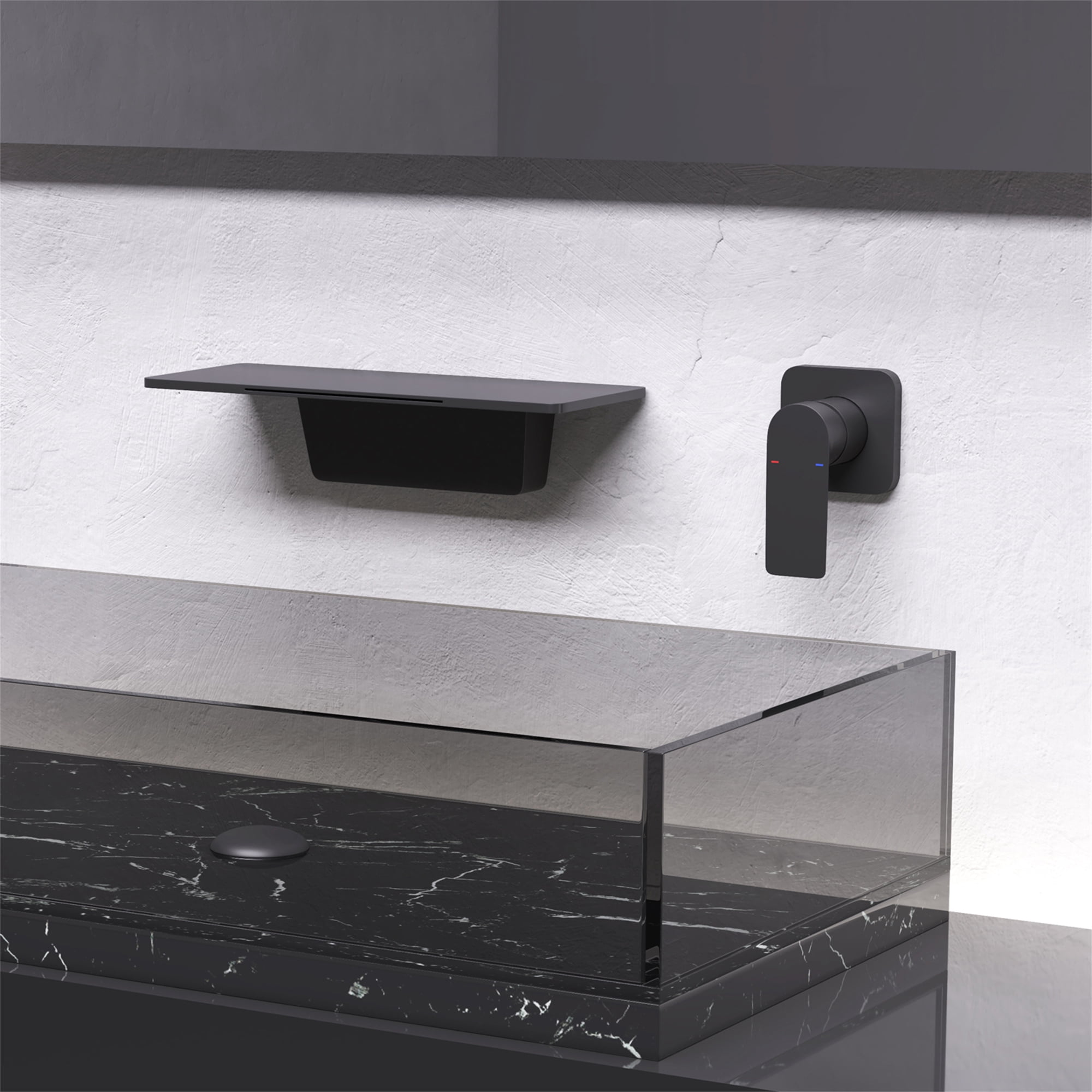 Cfowner Wall Mount Bathtub Faucet, Single Handle Bathroom Faucet, 2 Hole Waterfall Spout Faucet, Matte Black