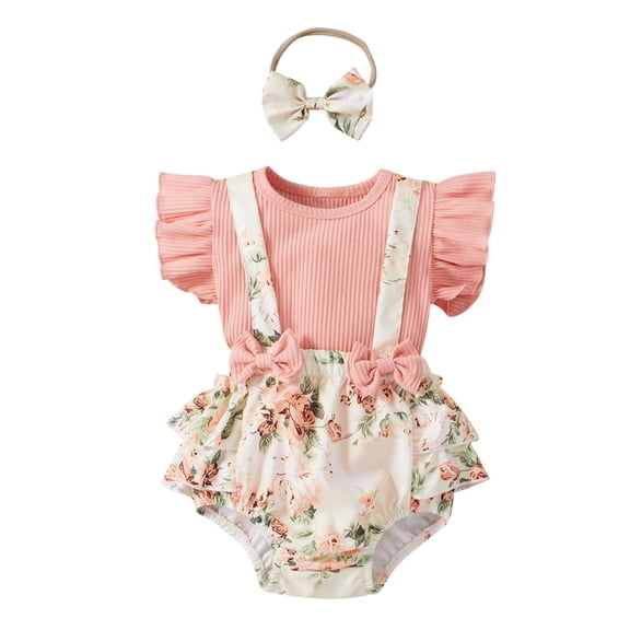 Ruyang Toddler Flower Romper Dress Knit Ribbed Stretchy Short Sleeve Lace Pleated Romper Clothes with Hairband Baby Girls
