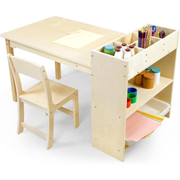 Kids Wooden Art Table and Chair Set, 38.2" Activity Desk with Storage Shelves, Natural Wood