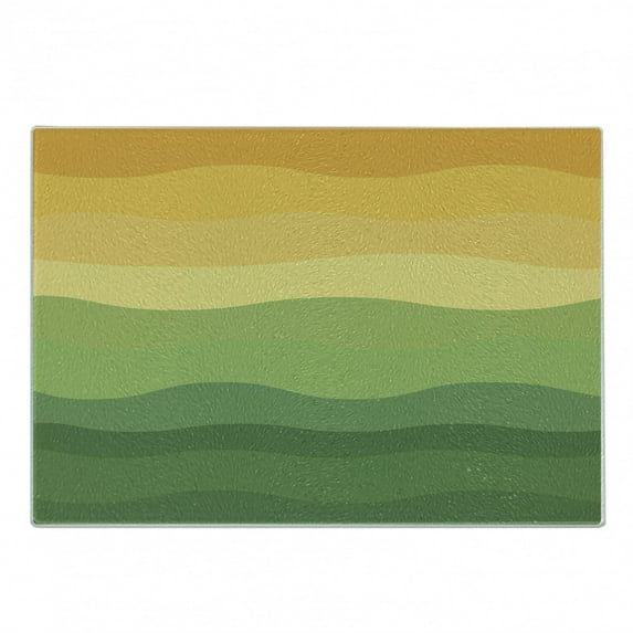 Abstract Cutting Board, Green and Yellow Colored Wavy Lines Curves Earth Inspired, Decorative Tempered Glass Cutting and Serving Board, Small Size, Reseda Green Mustard, by Ambesonne