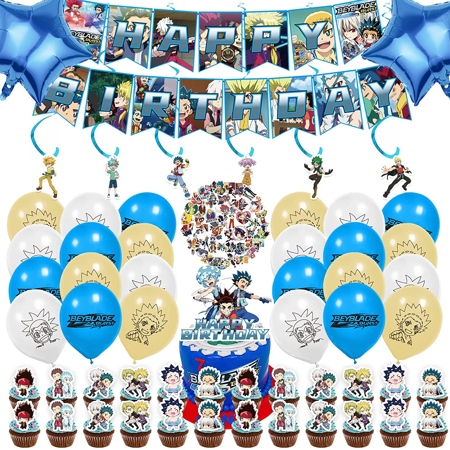 108 Pcs Beyblade Party Supplies Included Birthday Banner,Hanging Swirl