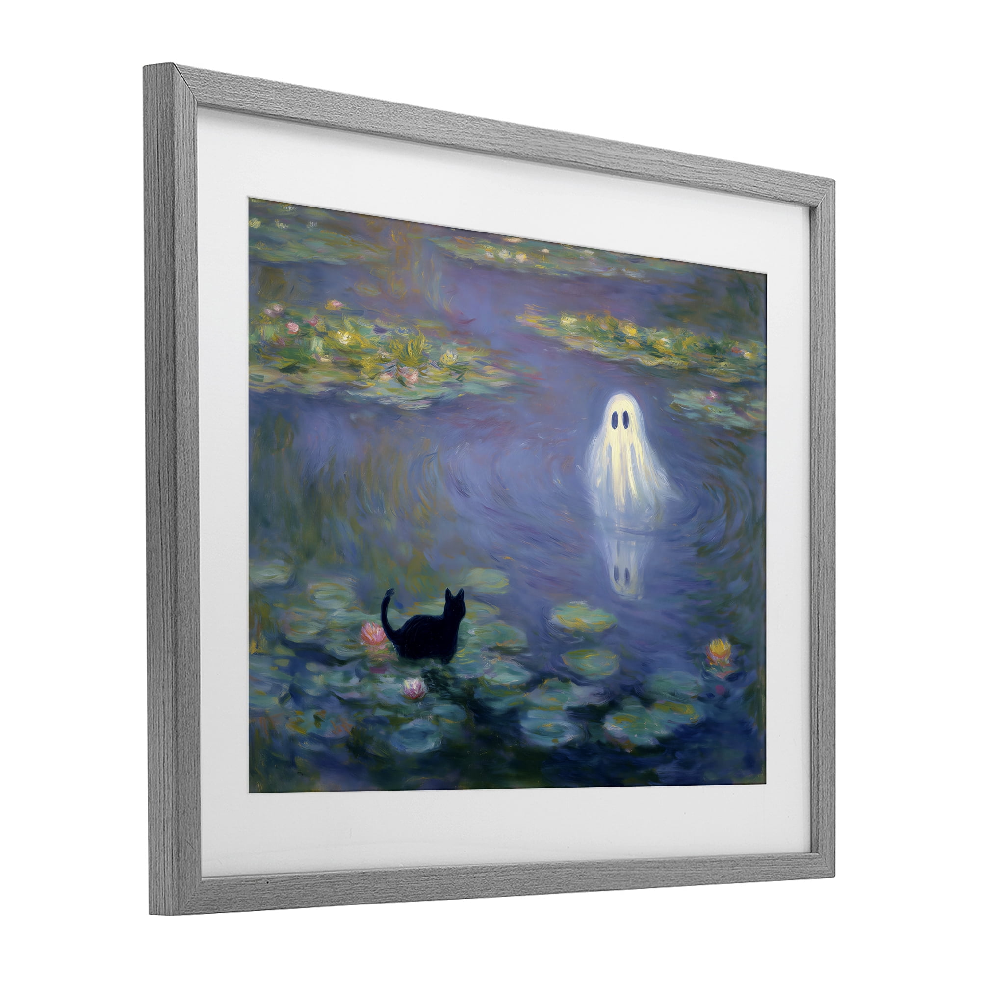 Water Lilies with Ghost & Kitty Gray Framed Print Under Glass, design by Arlington Prints